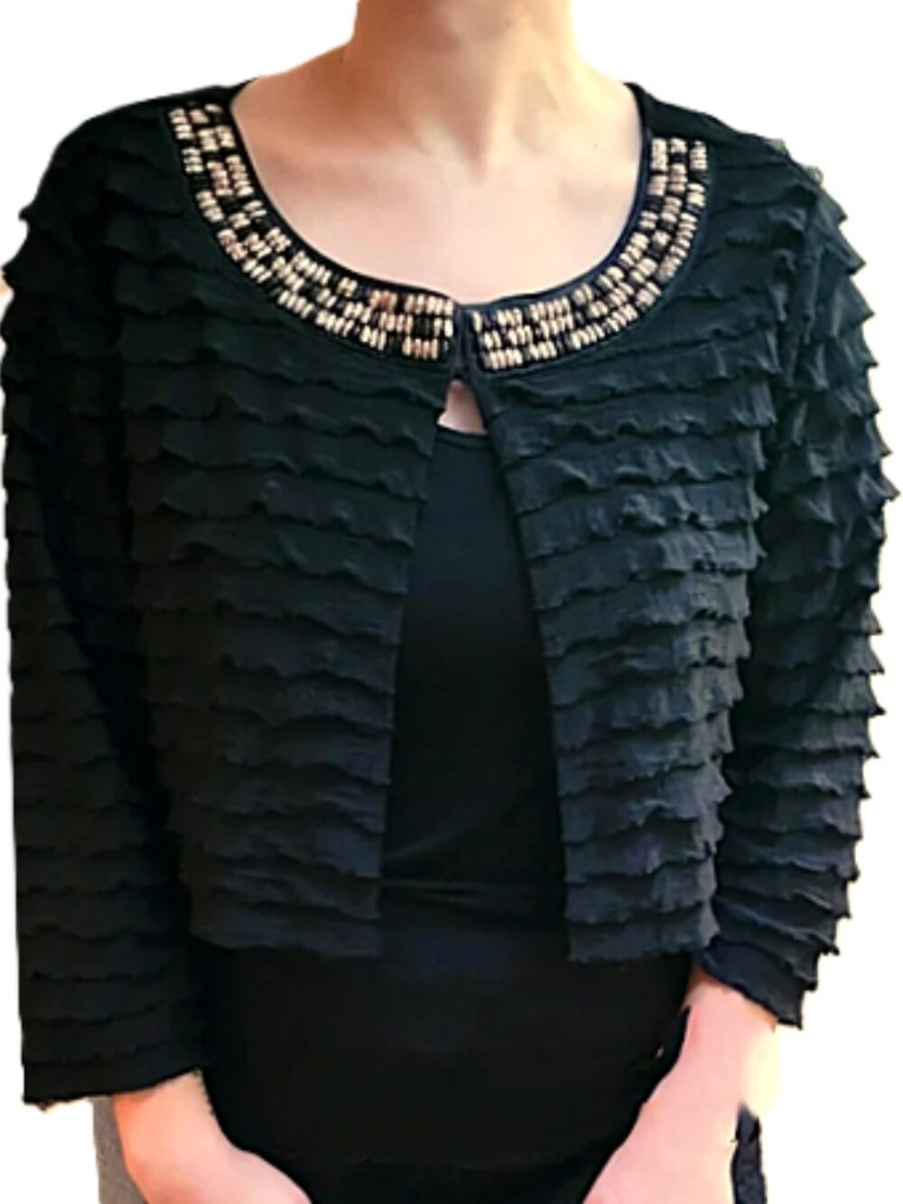 Chico's Travelers Black Ruffle Beaded Bolero Jacket size 1 NWT